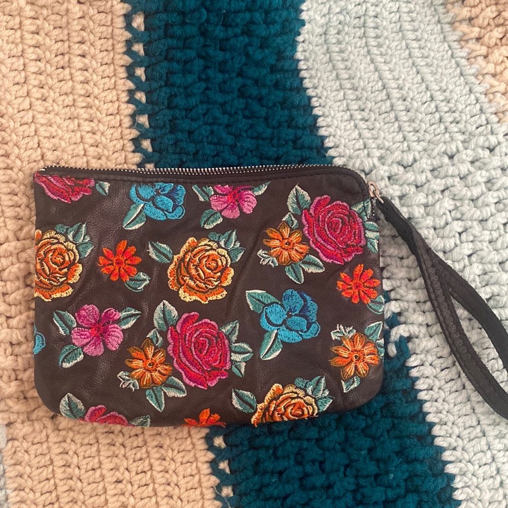 leather floral embroidered wristlet